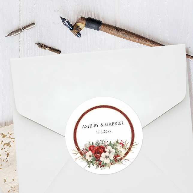 Adesivo Redondo Floral Vermelho de Damasco de Natal Elegante (Criador carregado)