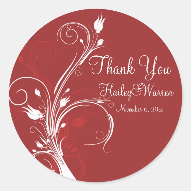 Adesivo Redondo Floral Vermelho e Branco de 3" (Frente)