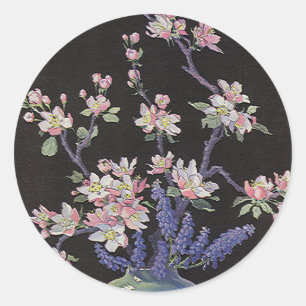 Adesivo Redondo Floral Vintage, Flores de Cerejeira em um Vaso