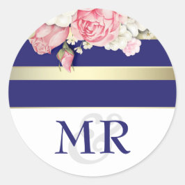 Adesivo Redondo Floral Vintage Marinho Branco e Casamento Dourado