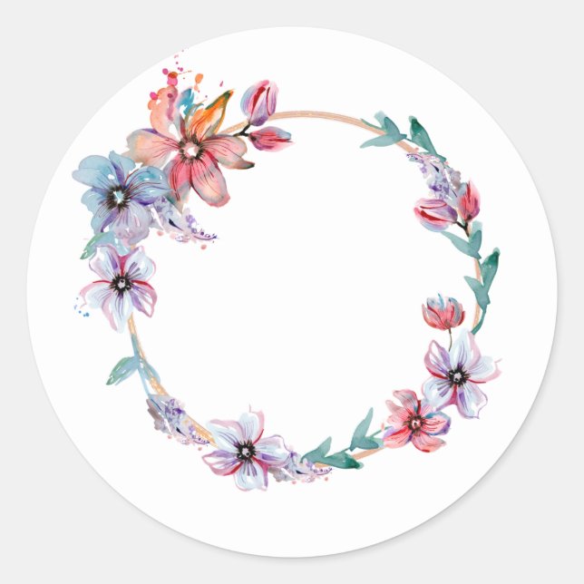 Adesivo Redondo Floral Watercolor Art Wreath Artesanato (Frente)