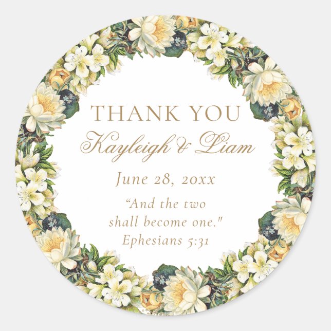Adesivo Redondo Floral White Bíblia Verse Christian Weding Favor (Frente)