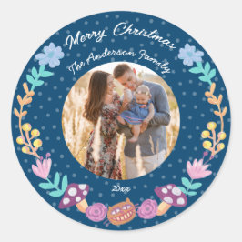 Adesivo Redondo Floral wreath cheshire cat marinho de Natal