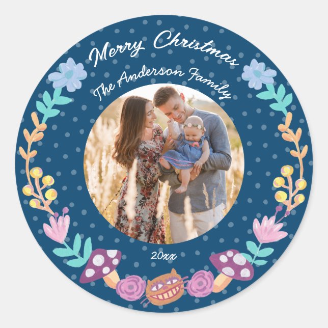 Adesivo Redondo Floral wreath cheshire cat marinho de Natal (Frente)