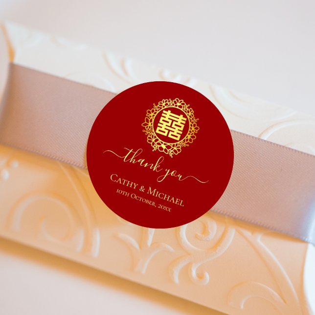 Adesivo Redondo Floral wreath obrigado seu casamento chinês vermel (Criador carregado)