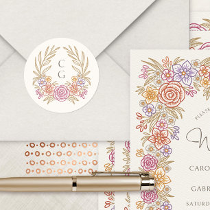 Adesivo Redondo Floral Wreath Queda Monograma Crest Casamento