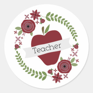 Adesivo Redondo Floral Wreath & Red Apple Teacher