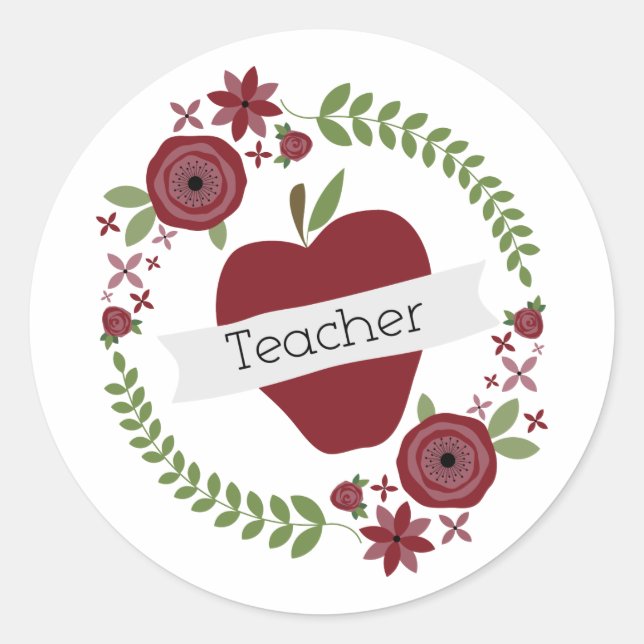 Adesivo Redondo Floral Wreath & Red Apple Teacher (Frente)