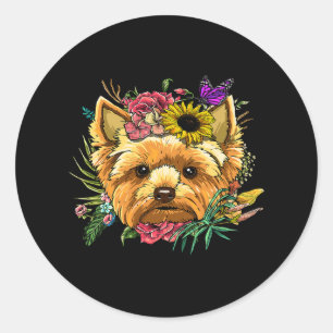 Adesivo Redondo Floral Yorkshire Terrier Botanical Plant Flower Yo
