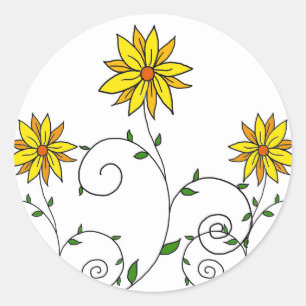 Adesivo Redondo Flores Amarelas Divertidas Arte Doodle Fofa
