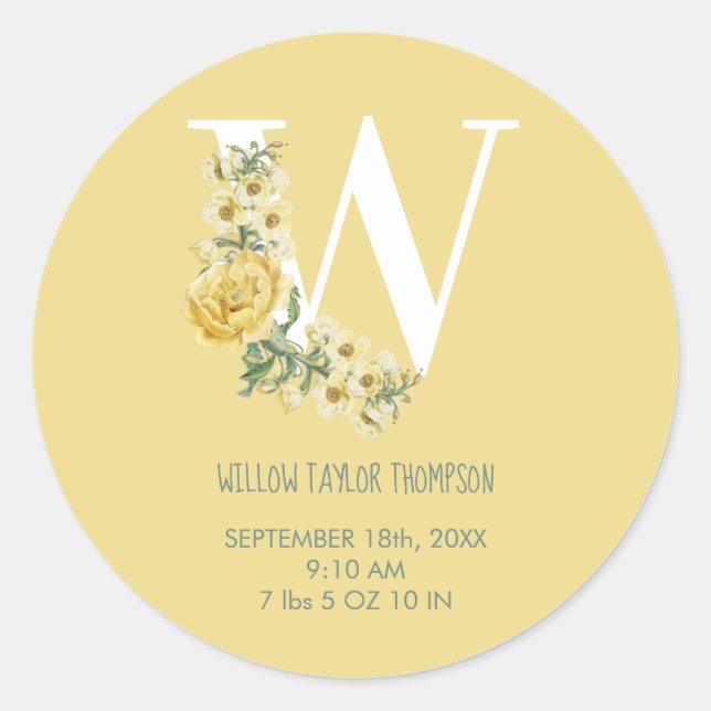 Adesivo Redondo Flores Amarelas Flores Iniciais De Nascimento Do B (Frente)