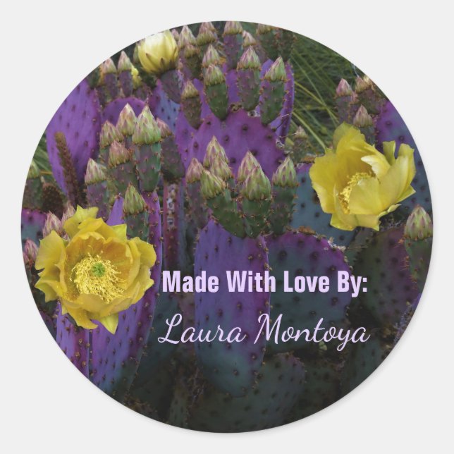 Adesivo Redondo Flores Amarelas Púrpuras De Opuntia Perea Cactus (Frente)