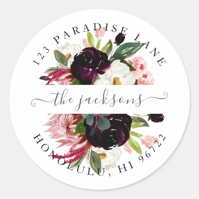 Adesivo Redondo Flores Aquarela Bege+Burgundy para QUALQUER Evento (Frente)