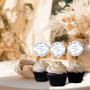 Adesivo Redondo Flores Azuis Caligrafia Floral Chá de Noiva