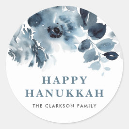 Adesivo Redondo Flores Azuis e Folhagem Feliz Hanukkah