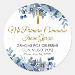 Adesivo Redondo Flores Azuis Elegantes na Primeira Comunidade Espa