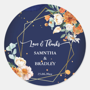 Adesivo Redondo Flores azuis laranja marinho obrigado azul