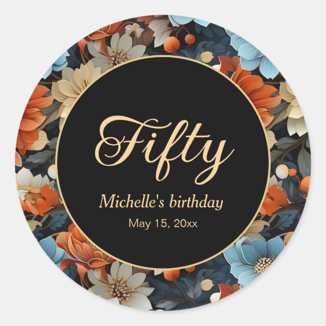 Adesivo Redondo Flores Azuis Laranja Preto 50º aniversário Qualque (Frente)