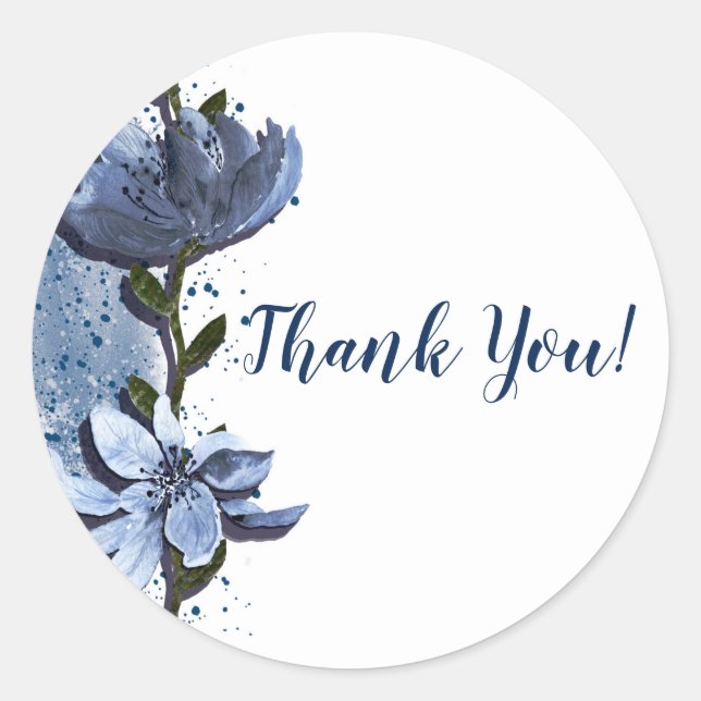 Adesivo Redondo Flores Azuis Modernas Casamento Aquarela Floral (Frente)