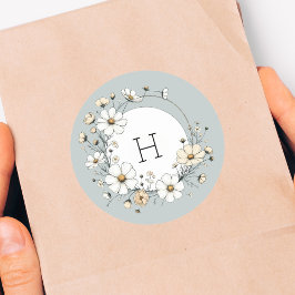 Adesivo Redondo Flores Boho de Monograma Verde Sálvia Personalizad