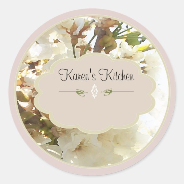 Adesivo Redondo Flores brancas 2 rótulos de jarro de especiarias (Frente)