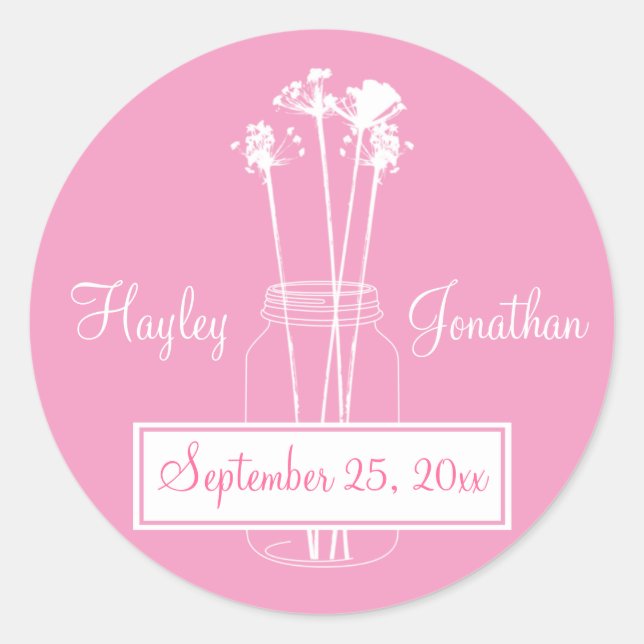 Adesivo Redondo Flores Brancas e Rosa Mason Jar Salvem a Data (Frente)