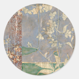 Adesivo Redondo Flores Brancas no Fundo de Newsprint