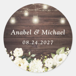 Adesivo Redondo Flores Brancas Rústicas De Madeira Mason Jar Stick