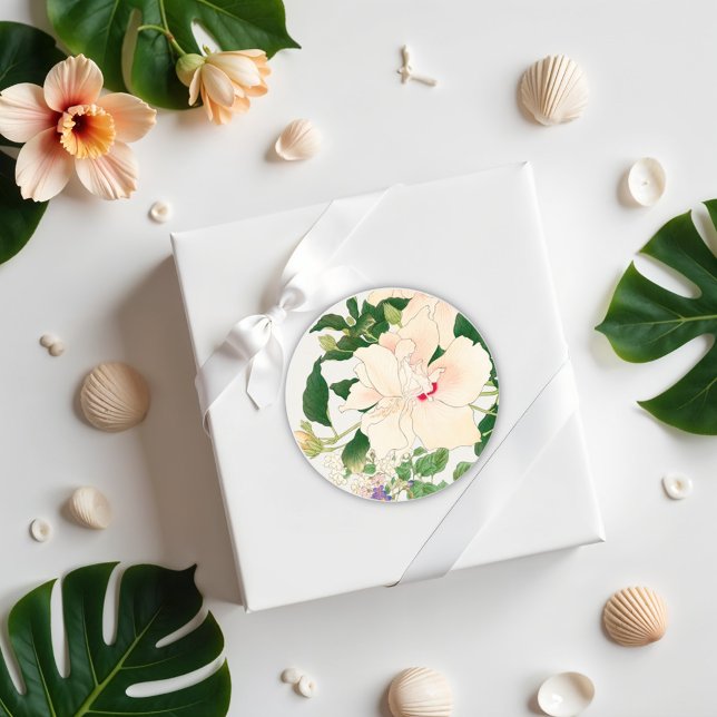 Adesivo Redondo Flores Browallia & Hibiscus - bloco de madeira jap (Criador carregado)