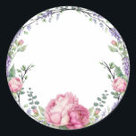Adesivo Redondo Flores cor-de-água cor-de-rosa lavanda educalyptus<br><div class="desc">Um design elegante e vintage com eucalipto,  flores lavandas e cor-de-rosa pintados em cor d'água romântica.</div>
