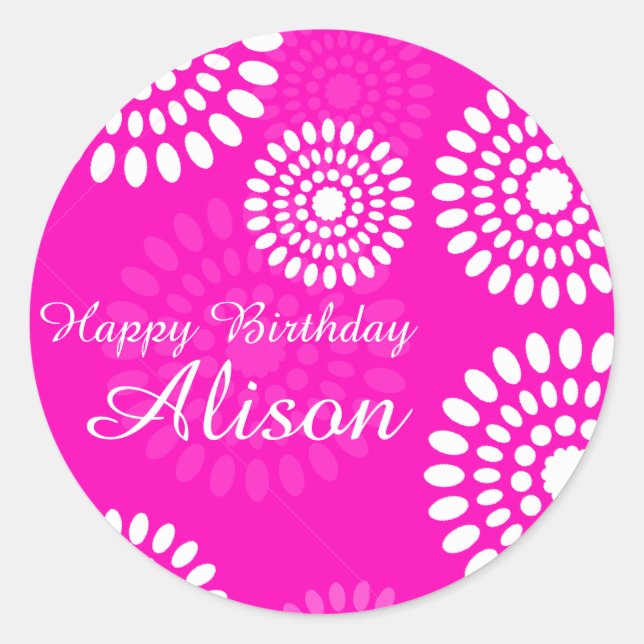 Adesivo Redondo Flores cor-de-rosa de Verão Feliz Aniversário (Frente)