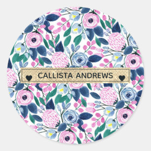 Adesivo Redondo Flores cor-de-rosa doce, Marinho Dourado de aquare