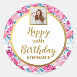 Adesivo Redondo Flores Cor-de-Rosa Elegantes, Foto Personalizada, 