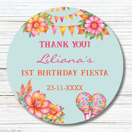 Adesivo Redondo Flores Cor-de-rosa primeiro aniversario Fiesta Azu