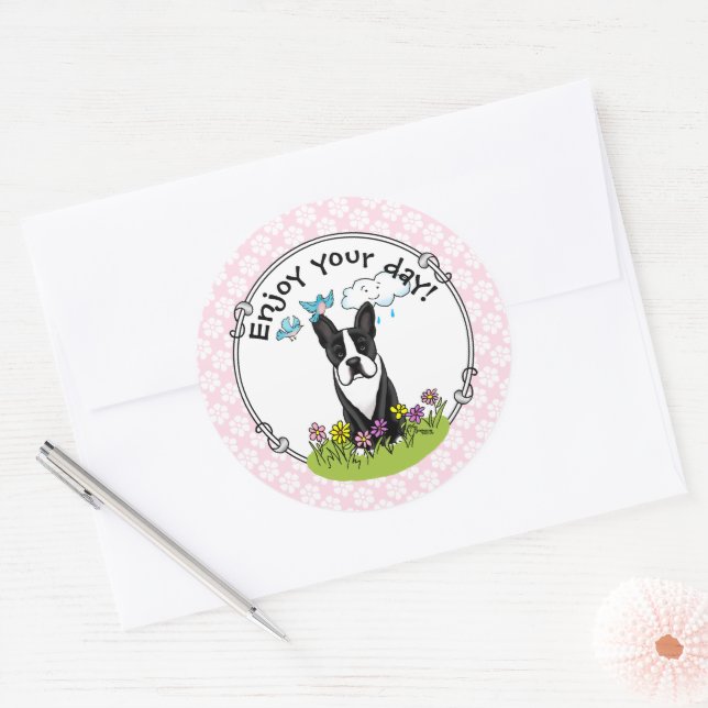 Adesivo Redondo Flores da primavera Boston Terrier Dog (preto) Cut (Envelope)