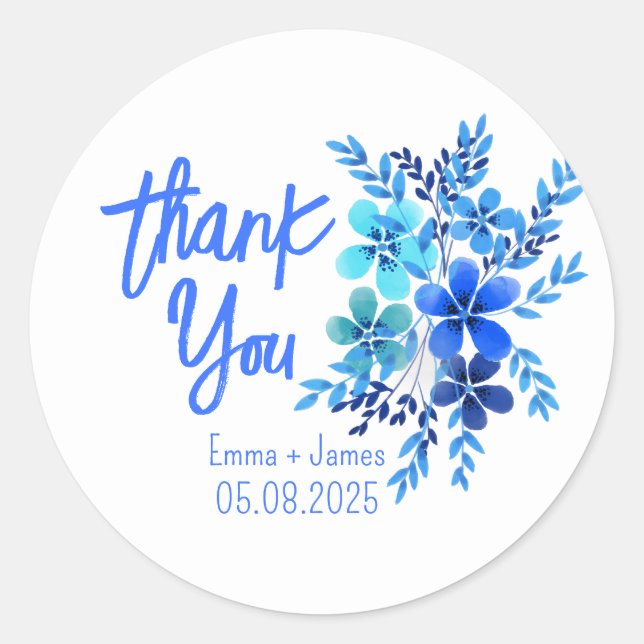 Adesivo Redondo Flores De Água Azul Obrigado Sticker (Frente)