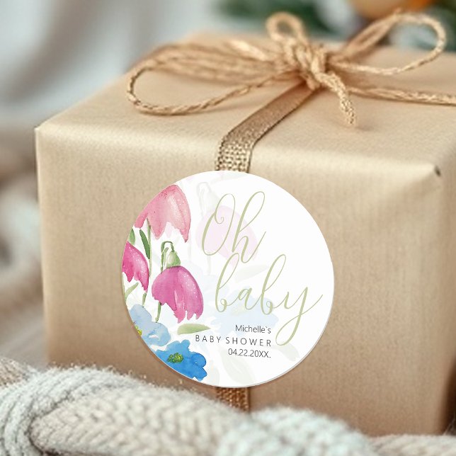 Adesivo Redondo Flores De Água De Primavera Azul E Blush (Criador carregado)