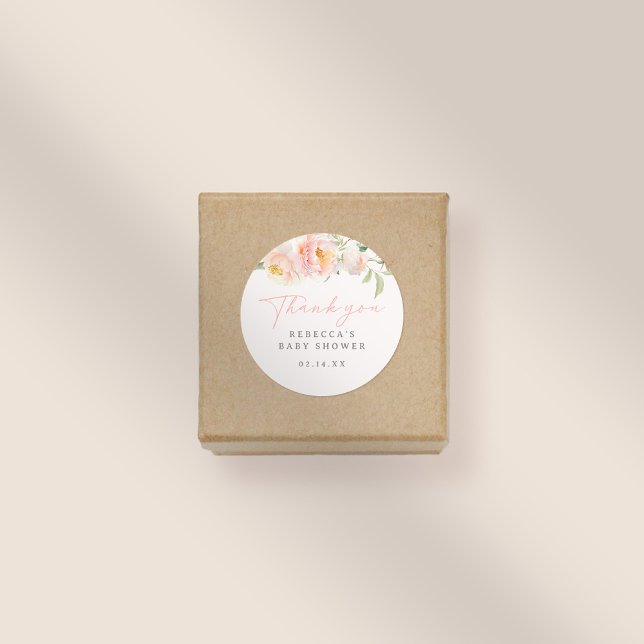 Adesivo Redondo Flores de Água Rosa Chá de fraldas Garota Obrigado (Criador carregado)