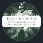 Adesivo Redondo Flores de Algodão e Folhagem Persistente Endereço<br><div class="desc">Este adesivo redondo apresenta folhagem de inverno pintada à mão,  flores de algodão com texturas douradas e aquarela. Para personalização mais avançada deste design,  clique no link "personalizar ainda mais". Itens correspondentes também estão disponíveis.</div>