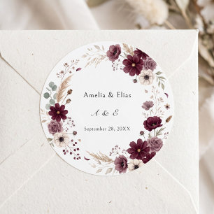 Adesivo Redondo Flores de Anêmona de Casamento Creme Borgonha