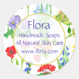 Adesivo Redondo Flores de Aquarela de Pansy Geranium Poppy