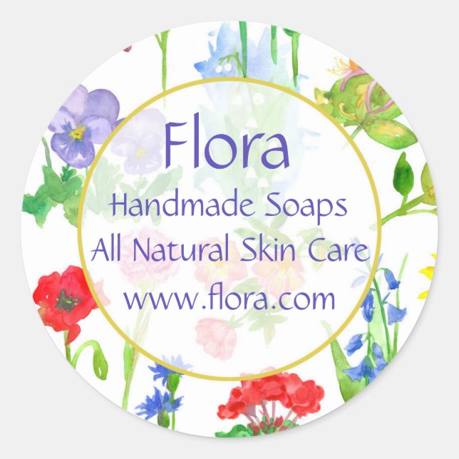 Adesivo Redondo Flores de Aquarela de Pansy Geranium Poppy (Frente)