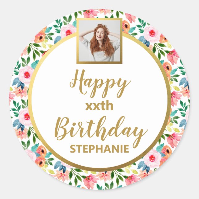 Adesivo Redondo Flores De Aquarela, Foto Personalizada, Feliz Aniv (Frente)