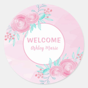 Adesivo Redondo Flores de Aquarela Rosa Personalizáveis Bem-vindo