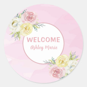 Adesivo Redondo Flores de Aquarela Rosa Personalizáveis Bem-vindo