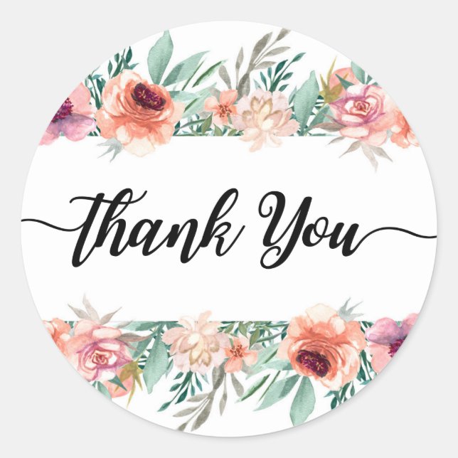 Adesivo Redondo Flores de Aquarela Rosa Pêssegos Modernos Obrigado (Frente)