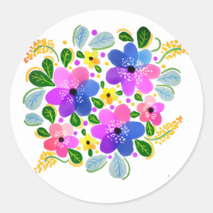 Adesivo Redondo Flores de Aquarela Rosa Roxo Azul
