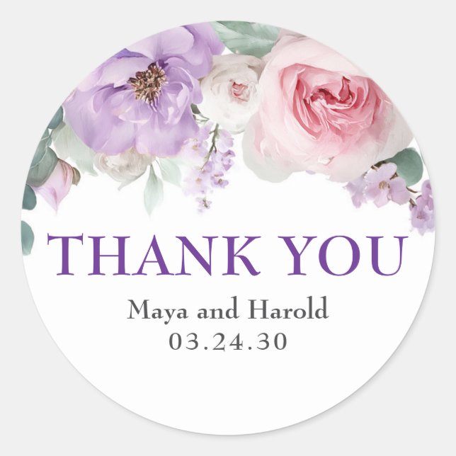 Adesivo Redondo Flores de Aquarela Roxas e Rosadas Obrigada (Frente)