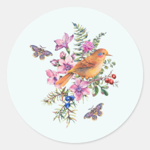 Adesivo Redondo Flores de Aquarelas, Aves e Borboletas