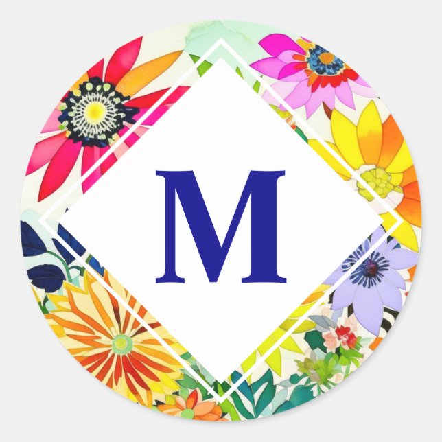 Adesivo Redondo Flores De Aquarelas Monograma (Frente)